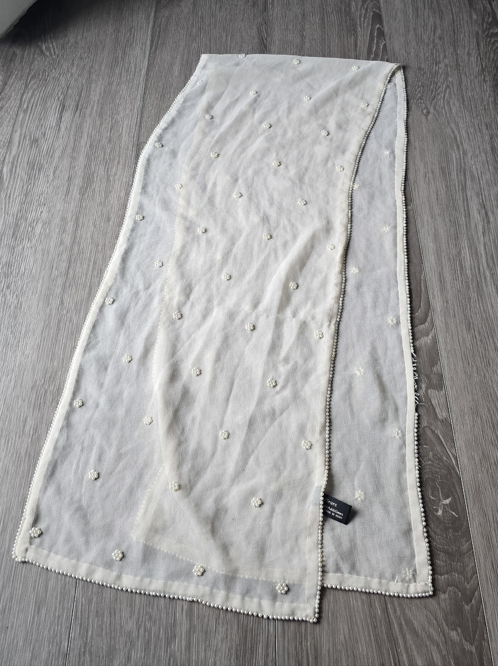 Vintage Ivory Beaded Pearl Trim Sheer Scarf Wrap Shawl Wedding Boho 11 X 58